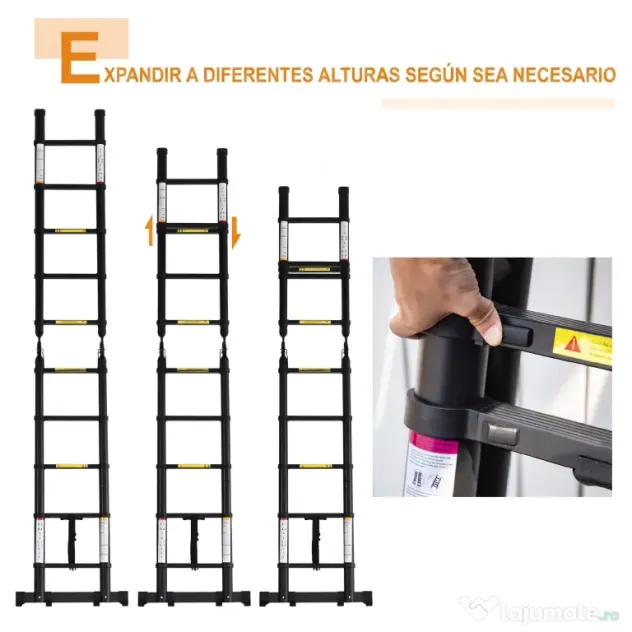 DURHAND Scară telescopică pliabilă cu 10 trepte din aluminiu și metal pentru interior și exterior, 320x67x7 cm, negru
