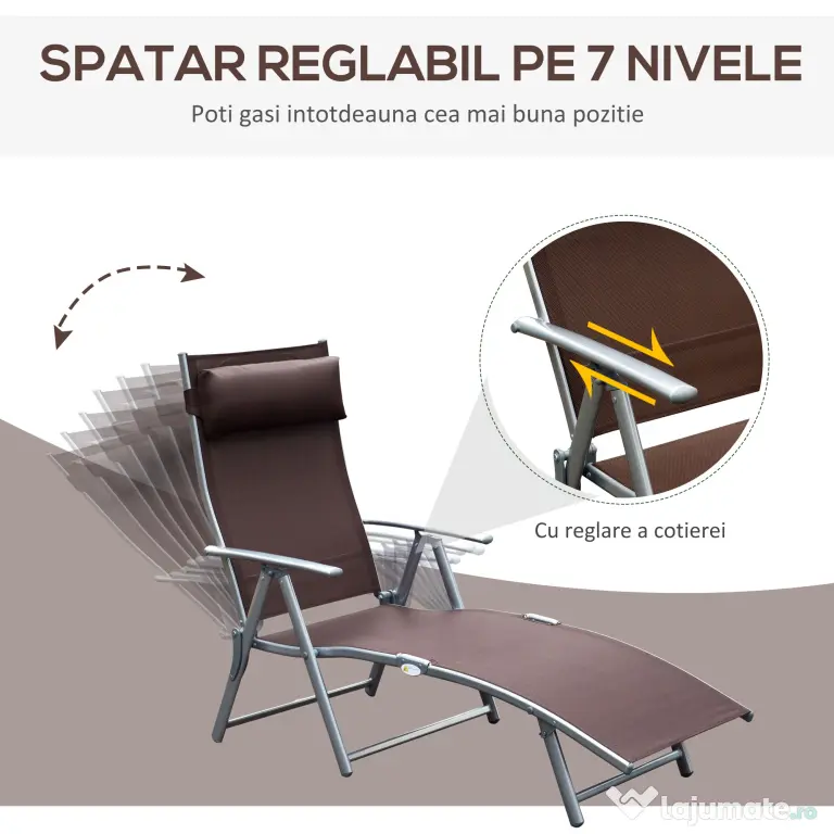 Outsunny Sezlong Pliabil Rabatabil Prendisole, Confortabil pentru Plajă și Grădină, Metal, 137x63.5x100.5 cm, Maro | Aosom Romania