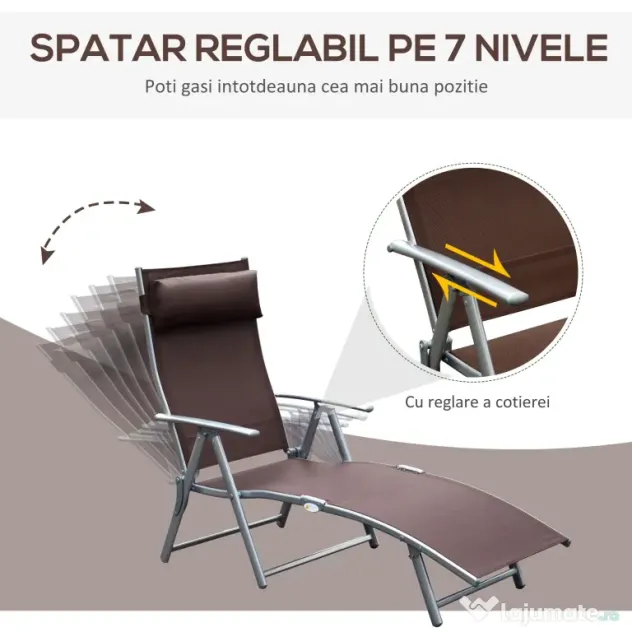 Outsunny Sezlong Pliabil Rabatabil Prendisole, Confortabil pentru Plajă și Grădină, Metal, 137x63.5x100.5 cm, Maro | Aosom Romania