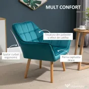 HOMCOM Fotoliu modern din catifea albastru, design de lux, confortabil, cu cadru metalic, ideal pentru living și dormitor 