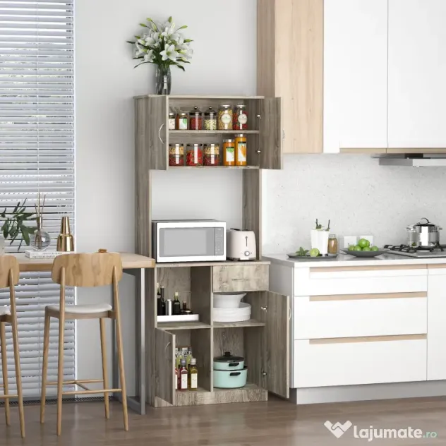 HOMCOM Bufet Modern pentru Bucătărie, Dulapuri și Sertare, Rafturi Reglabile, PAL, Gri, Spațiu Optimizat | Aosom Romania