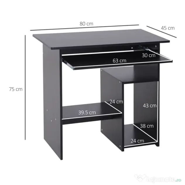 HOMCOM Birou pentru Calculator cu Raft pentru Unitate Centrală și Raft Detașabil pentru Tastatură, 80x45x75 cm, Negru | Aosom Romania