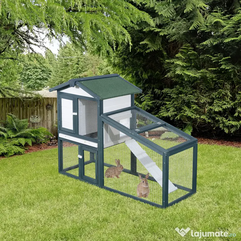 Cusca pentru Iepuri si Animale mici din Lemn Molid cu Usa dubla 140x65x100cm Verde Alb PawHut | Aosom RO