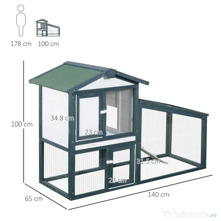 Cusca pentru Iepuri si Animale mici din Lemn Molid cu Usa dubla 140x65x100cm Verde Alb PawHut | Aosom RO