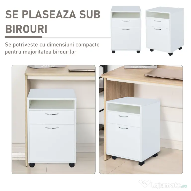 Comodă Mobilă pentru Birou HOMCOM, cu Roți, Design Compact, 40x35x60cm, Alb | Aosom Romania