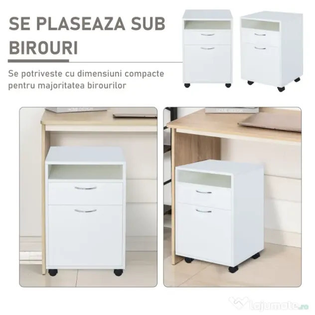 Comodă Mobilă pentru Birou HOMCOM, cu Roți, Design Compact, 40x35x60cm, Alb | Aosom Romania