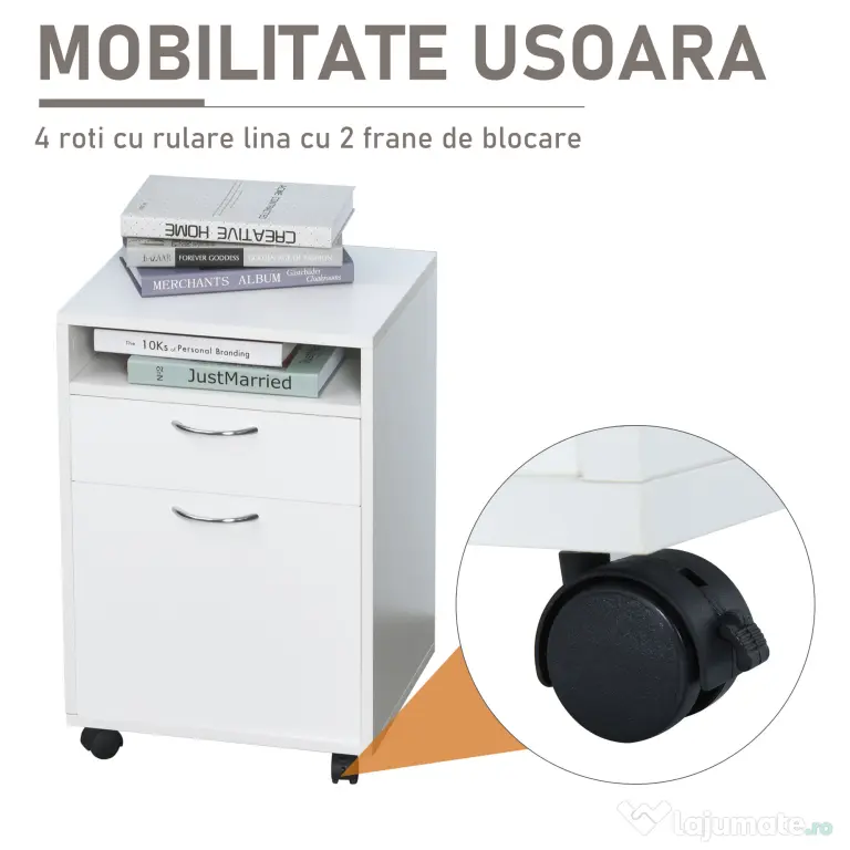Comodă Mobilă pentru Birou HOMCOM, cu Roți, Design Compact, 40x35x60cm, Alb | Aosom Romania