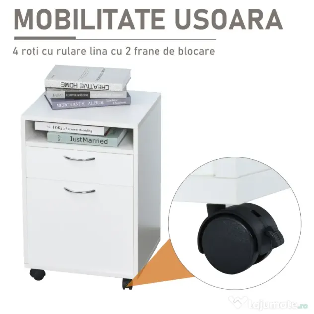 Comodă Mobilă pentru Birou HOMCOM, cu Roți, Design Compact, 40x35x60cm, Alb | Aosom Romania