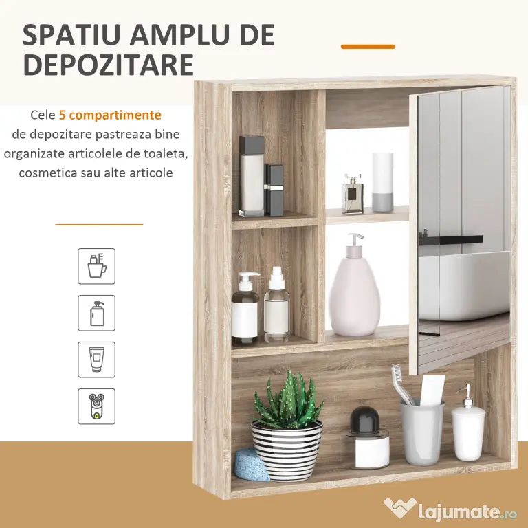 kleankin Dulap cu oglinzi cu raft reglabil montare pe perete culoarea stejarului