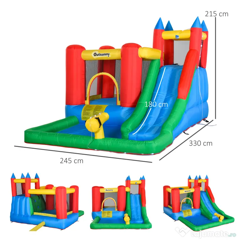 Outsunny Set de Joacă Gonflabil pentru Copii, Tobogan, Trambulină, Piscină, Pistol Apă, 330x245x215cm, Colorat | Aosom Romania