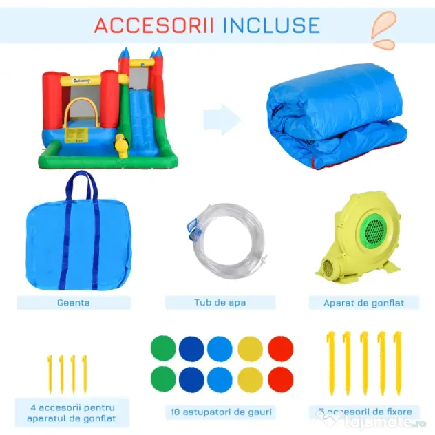 Outsunny Set de Joacă Gonflabil pentru Copii, Tobogan, Trambulină, Piscină, Pistol Apă, 330x245x215cm, Colorat | Aosom Romania