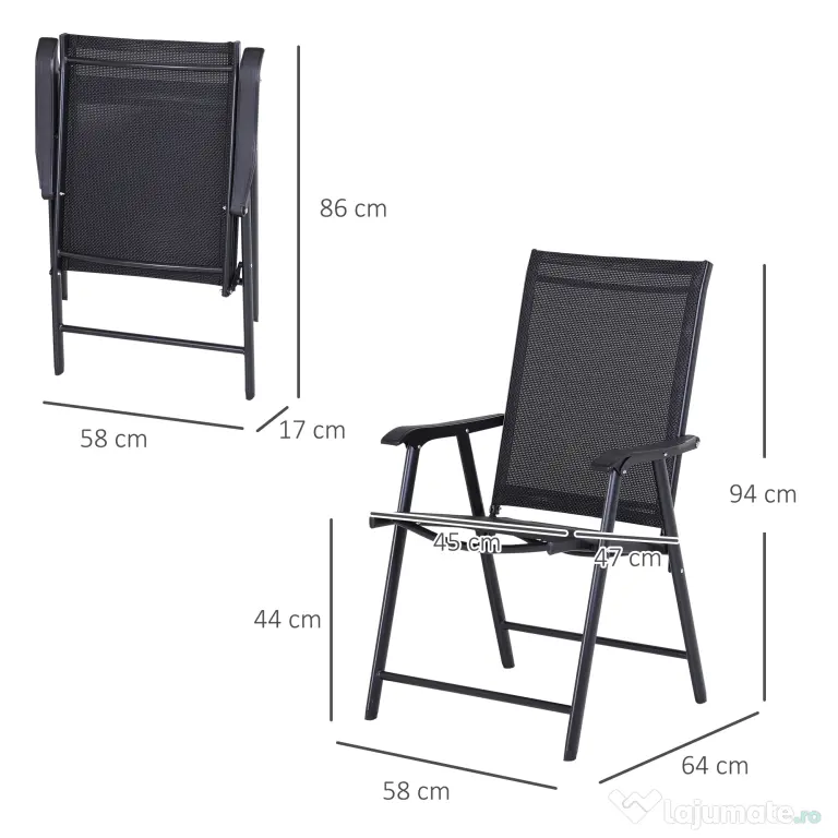 Outsunny Set 2 Scaune de Grădină Pliabile cu Brațe, Scaune pentru Prânz de Exterior din Metal și Texteline, pentru Terasă, Balcon, Curte, Interior și Exterior, 58x64x94cm, Negru | Aosom Romania