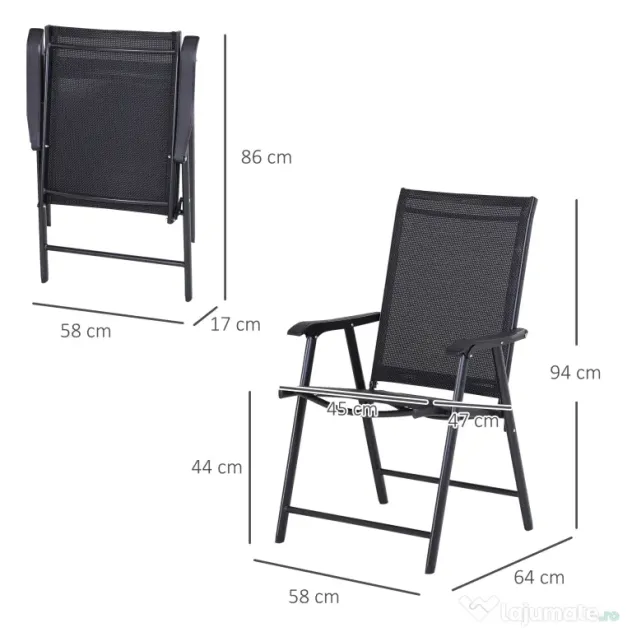 Outsunny Set 2 Scaune de Grădină Pliabile cu Brațe, Scaune pentru Prânz de Exterior din Metal și Texteline, pentru Terasă, Balcon, Curte, Interior și Exterior, 58x64x94cm, Negru | Aosom Romania