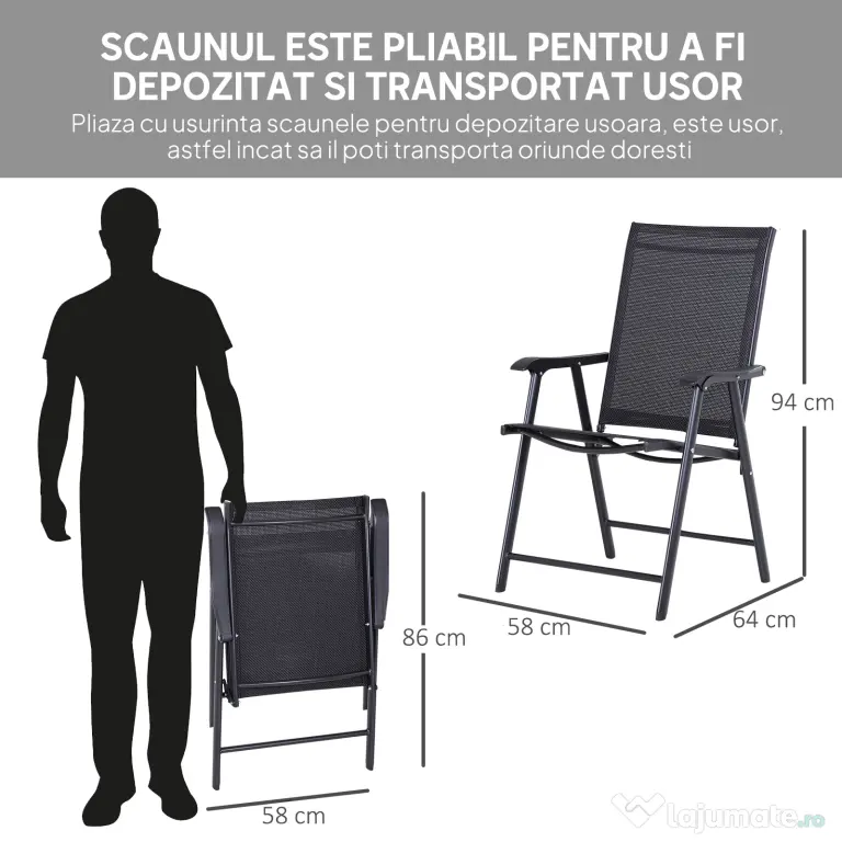 Outsunny Set 2 Scaune de Grădină Pliabile cu Brațe, Scaune pentru Prânz de Exterior din Metal și Texteline, pentru Terasă, Balcon, Curte, Interior și Exterior, 58x64x94cm, Negru | Aosom Romania