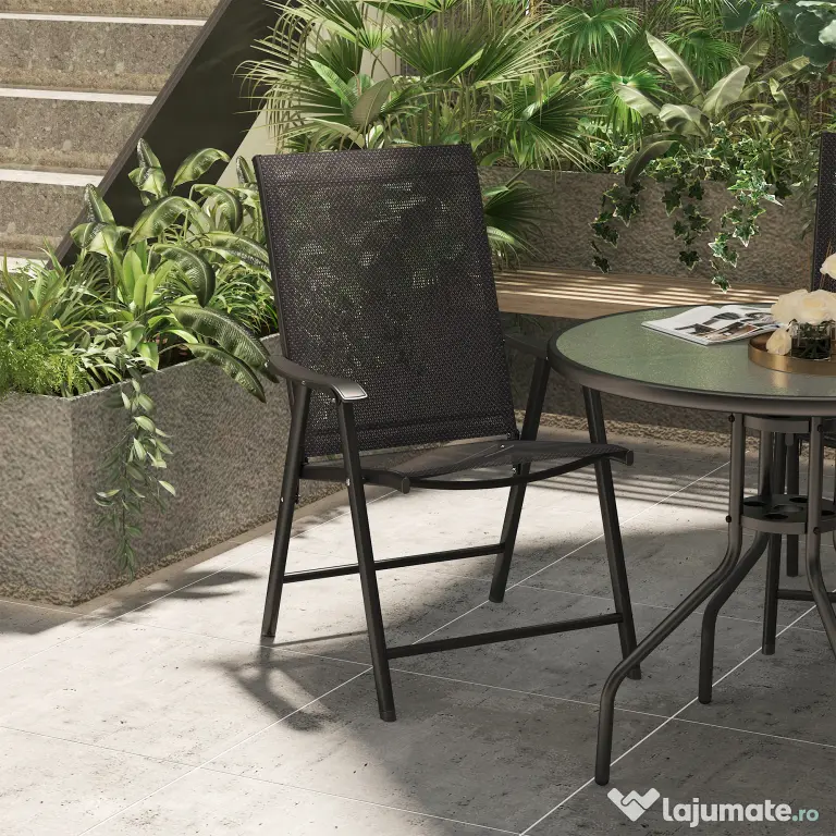 Outsunny Set 2 Scaune de Grădină Pliabile cu Brațe, Scaune pentru Prânz de Exterior din Metal și Texteline, pentru Terasă, Balcon, Curte, Interior și Exterior, 58x64x94cm, Negru | Aosom Romania
