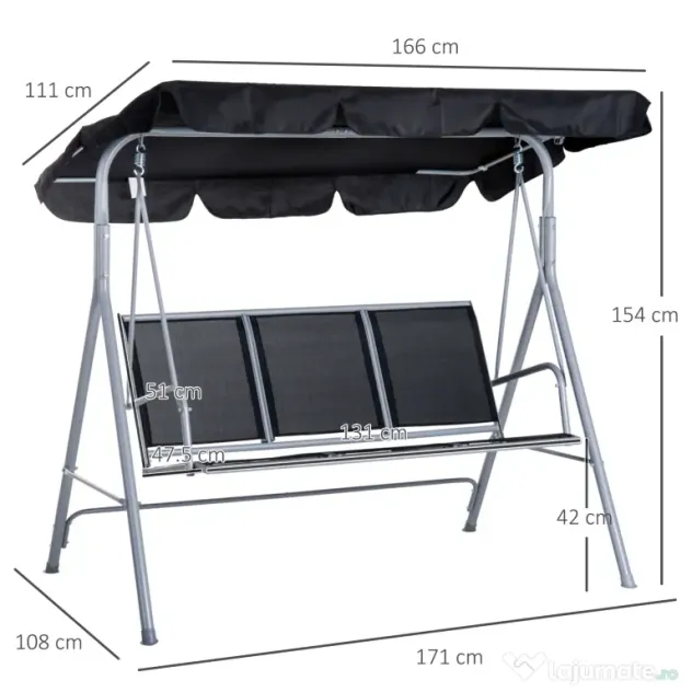 Balansoar de Gradina Outsunny cu 3 Locuri din Metal, 171x108x154cm | Aosom Romania