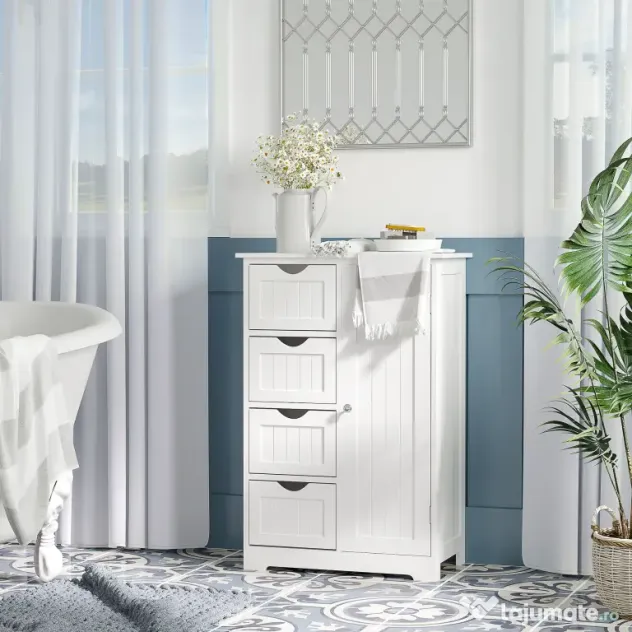 Mobila de Baie Kleankin cu Usa Basculanta si Sertare Alb 56 x 30 x83cm | Aosom Romania