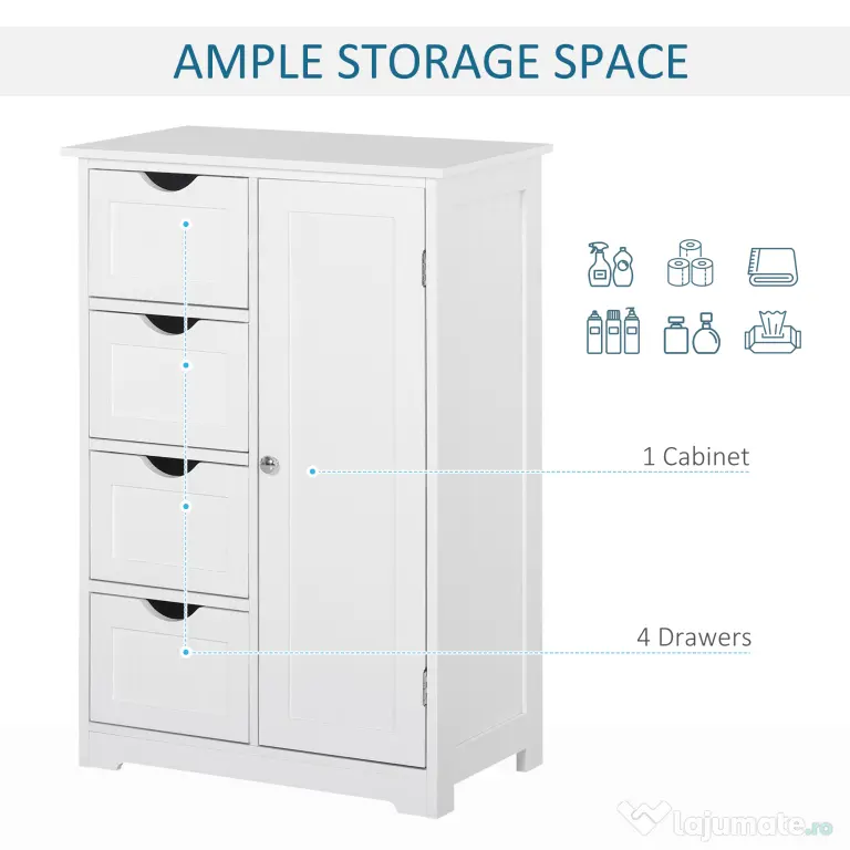 Mobila de Baie Kleankin cu Usa Basculanta si Sertare Alb 56 x 30 x83cm | Aosom Romania