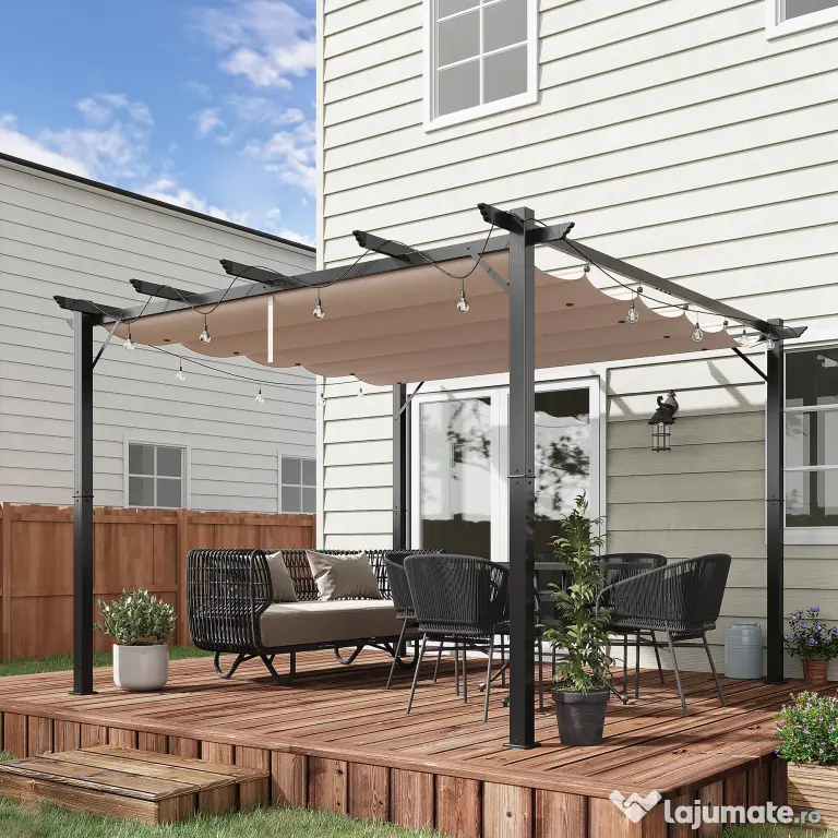 Outsunny Foisor Pergola de Gradina 3x3 m cu Acoperis Retractabil, Pergola din Aluminiu cu Acoperis Retractabil Anti UV, Gri | Aosom Romania
