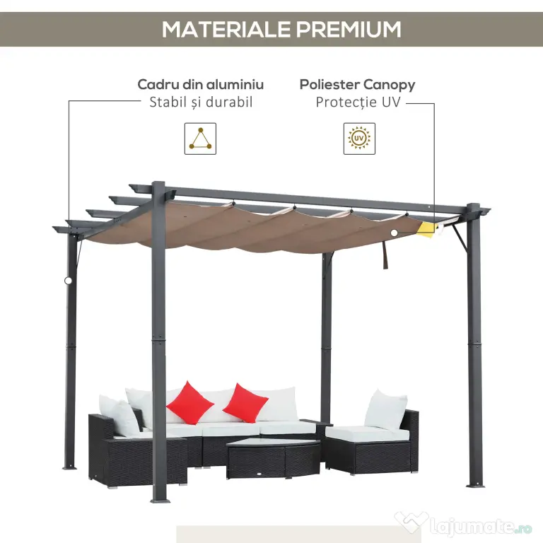Outsunny Foisor Pergola de Gradina 3x3 m cu Acoperis Retractabil, Pergola din Aluminiu cu Acoperis Retractabil Anti UV, Gri | Aosom Romania
