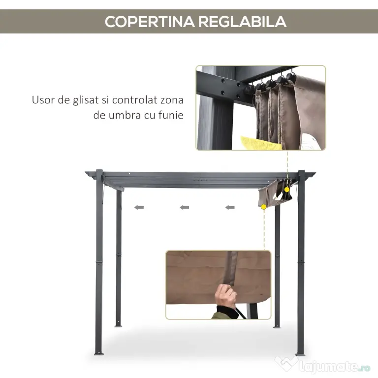 Outsunny Foisor Pergola de Gradina 3x3 m cu Acoperis Retractabil, Pergola din Aluminiu cu Acoperis Retractabil Anti UV, Gri | Aosom Romania