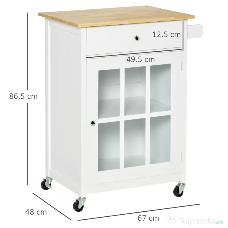 HOMCOM Cărucior de Bucătărie Multifuncțional cu Roți, Sertar și Rafturi Depozitare, 67x48x86.5 cm, Alb