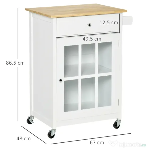 HOMCOM Cărucior de Bucătărie Multifuncțional cu Roți, Sertar și Rafturi Depozitare, 67x48x86.5 cm, Alb