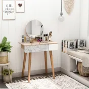 HOMCOM Masă de Machiaj cu Oglindă Rotundă și Sertar, Design Jungle, Alb și Stejar, 70x39x120cm | Aosom Romania