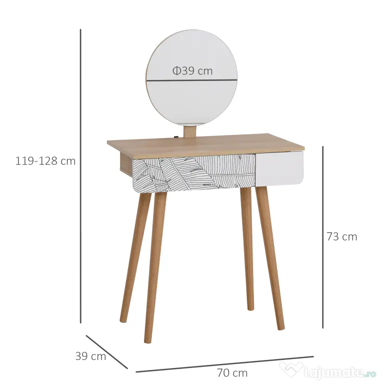 HOMCOM Masă de Machiaj cu Oglindă Rotundă și Sertar, Design Jungle, Alb și Stejar, 70x39x120cm | Aosom Romania
