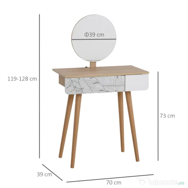 HOMCOM Masă de Machiaj cu Oglindă Rotundă și Sertar, Design Jungle, Alb și Stejar, 70x39x120cm | Aosom Romania