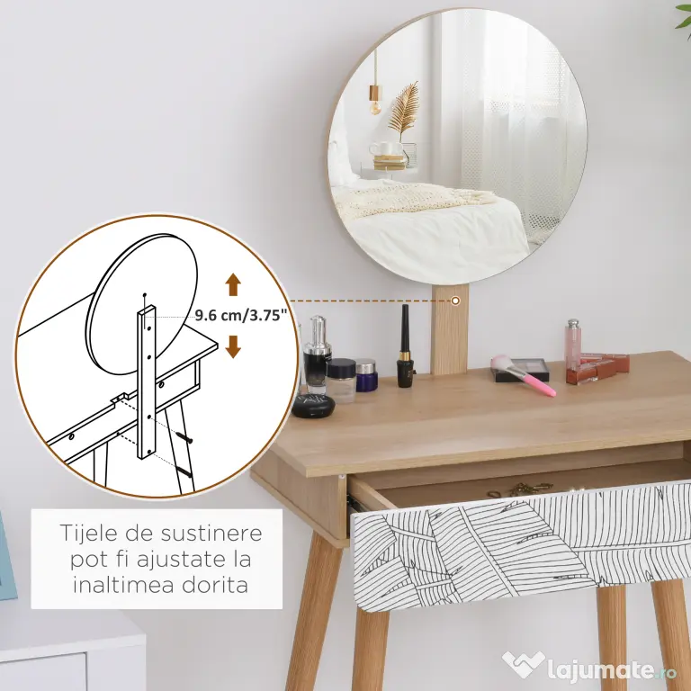 HOMCOM Masă de Machiaj cu Oglindă Rotundă și Sertar, Design Jungle, Alb și Stejar, 70x39x120cm | Aosom Romania