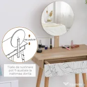 HOMCOM Masă de Machiaj cu Oglindă Rotundă și Sertar, Design Jungle, Alb și Stejar, 70x39x120cm | Aosom Romania
