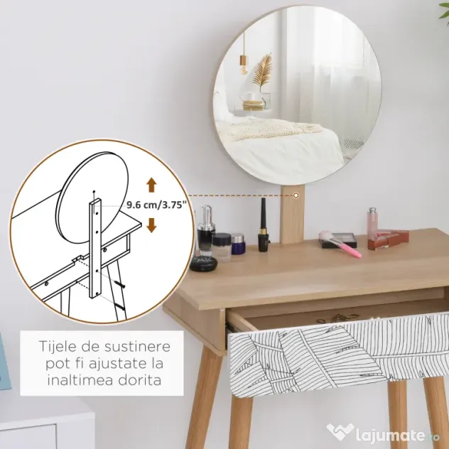 HOMCOM Masă de Machiaj cu Oglindă Rotundă și Sertar, Design Jungle, Alb și Stejar, 70x39x120cm | Aosom Romania