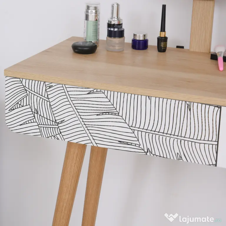 HOMCOM Masă de Machiaj cu Oglindă Rotundă și Sertar, Design Jungle, Alb și Stejar, 70x39x120cm | Aosom Romania