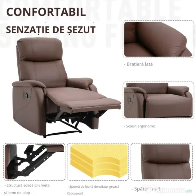 Fotoliu Relax Manual cu Spatar Rabatabil si Taburet din Piele Sintetica Maro HOMCOM | Aosom Romania