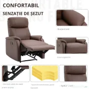 HOMCOM Fotoliu Relax Manual cu Spătar Reclinabil – Piele Sintetică Maro 