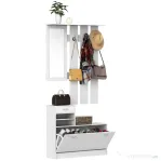 HOMCOM Mobila de Hol Moderna Garderoba Set Cuier, Oglinda si Dulap Pantofi 3 in 1, in Lemn Alb
