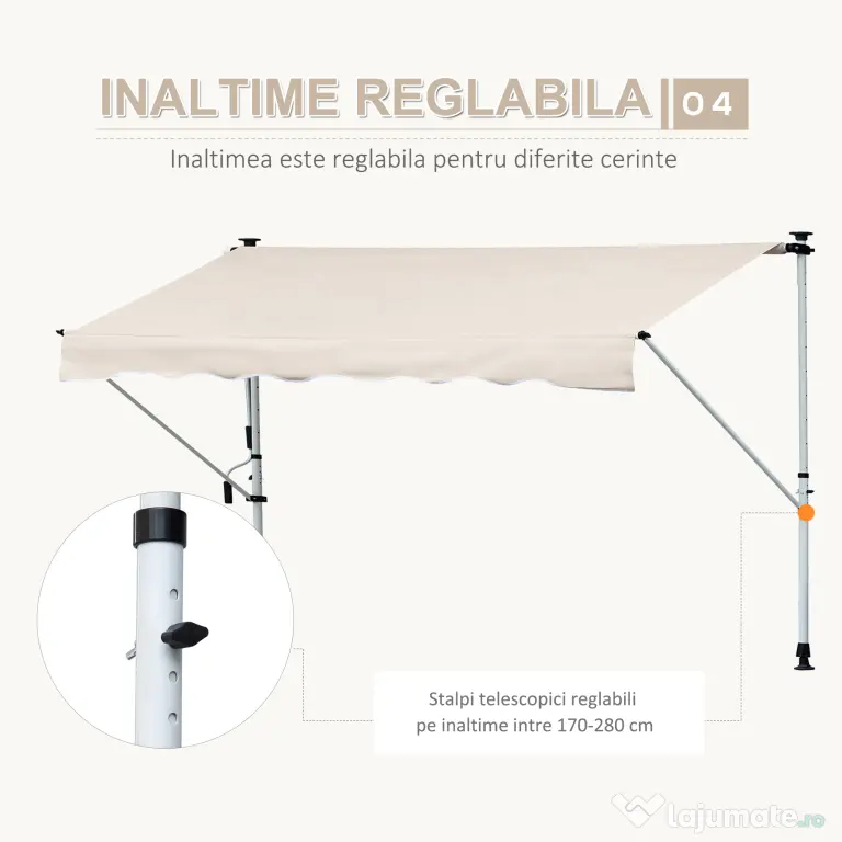 Outsunny Copertina Solară Extensibilă cu Manivelă, Structură Metalică Telescopică, Poliester, 400x120 cm | Aosom Romania