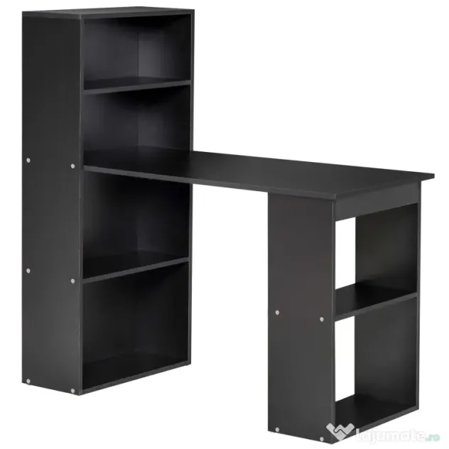Birou Modern pentru Acasa cu Rafturi de Depozitare pe 6 Niveluri, Masa de Scris cu Raft pentru Carti, Negru HOMCOM | Aosom Romania