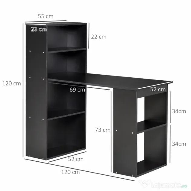 Birou Modern pentru Acasa cu Rafturi de Depozitare pe 6 Niveluri, Masa de Scris cu Raft pentru Carti, Negru HOMCOM | Aosom Romania