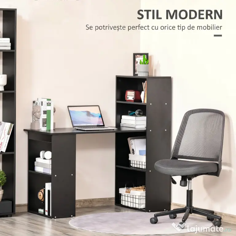 Birou Modern pentru Acasa cu Rafturi de Depozitare pe 6 Niveluri, Masa de Scris cu Raft pentru Carti, Negru HOMCOM | Aosom Romania