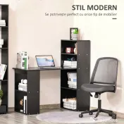 Birou Modern pentru Acasa cu Rafturi de Depozitare pe 6 Niveluri, Masa de Scris cu Raft pentru Carti, Negru HOMCOM | Aosom Romania 