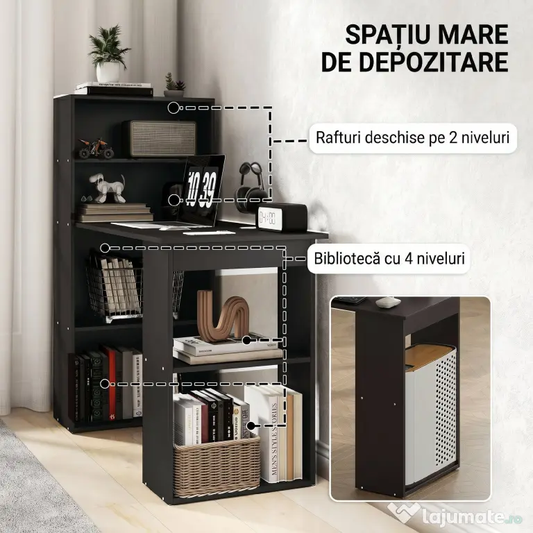 Birou Modern pentru Acasa cu Rafturi de Depozitare pe 6 Niveluri, Masa de Scris cu Raft pentru Carti, Negru HOMCOM | Aosom Romania