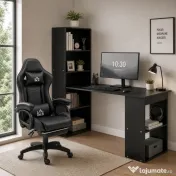 Birou Modern pentru Acasa cu Rafturi de Depozitare pe 6 Niveluri, Masa de Scris cu Raft pentru Carti, Negru HOMCOM | Aosom Romania 
