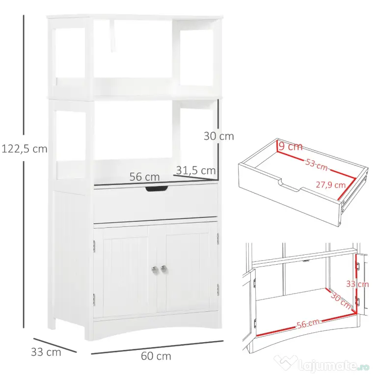 kleankin Dulap multifunctional cu rafturi, MDF, 60x33x122.5 cm, Alb