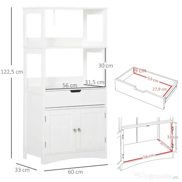 kleankin Dulap multifunctional cu rafturi, MDF, 60x33x122.5 cm, Alb