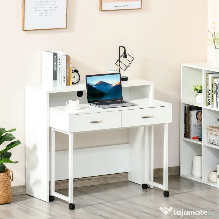 HOMCOM Birou Dublu Ergonomic Separabil cu Role, Rafturi Interioare pentru Organizare Eficientă, Design Modern, Alb, 100x36x88 cm | Aosom Romania