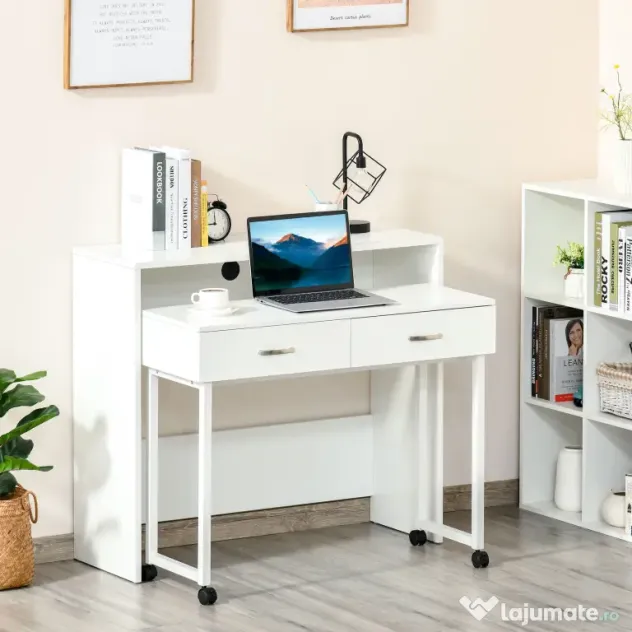 HOMCOM Birou Dublu Ergonomic Separabil cu Role, Rafturi Interioare pentru Organizare Eficientă, Design Modern, Alb, 100x36x88 cm | Aosom Romania