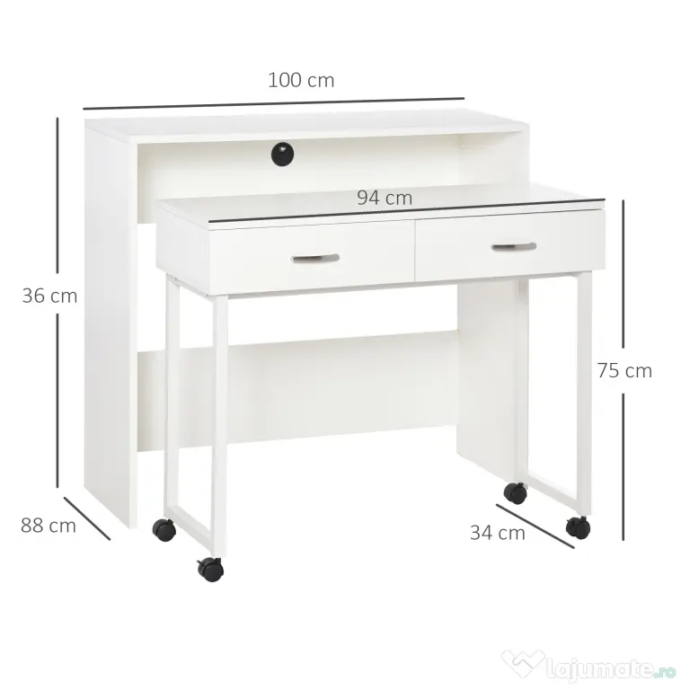 HOMCOM Birou Dublu Ergonomic Separabil cu Role, Rafturi Interioare pentru Organizare Eficientă, Design Modern, Alb, 100x36x88 cm | Aosom Romania