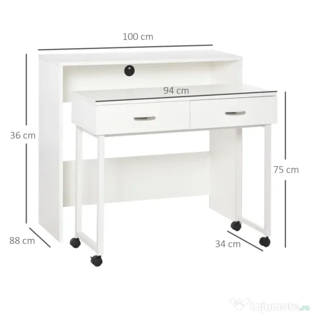 HOMCOM Birou Dublu Ergonomic Separabil cu Role, Rafturi Interioare pentru Organizare Eficientă, Design Modern, Alb, 100x36x88 cm | Aosom Romania